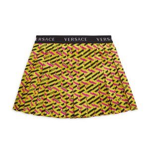 NEW Young Versace Kids yellow Peel / Regal pink La Greca Print Pleated Skirt